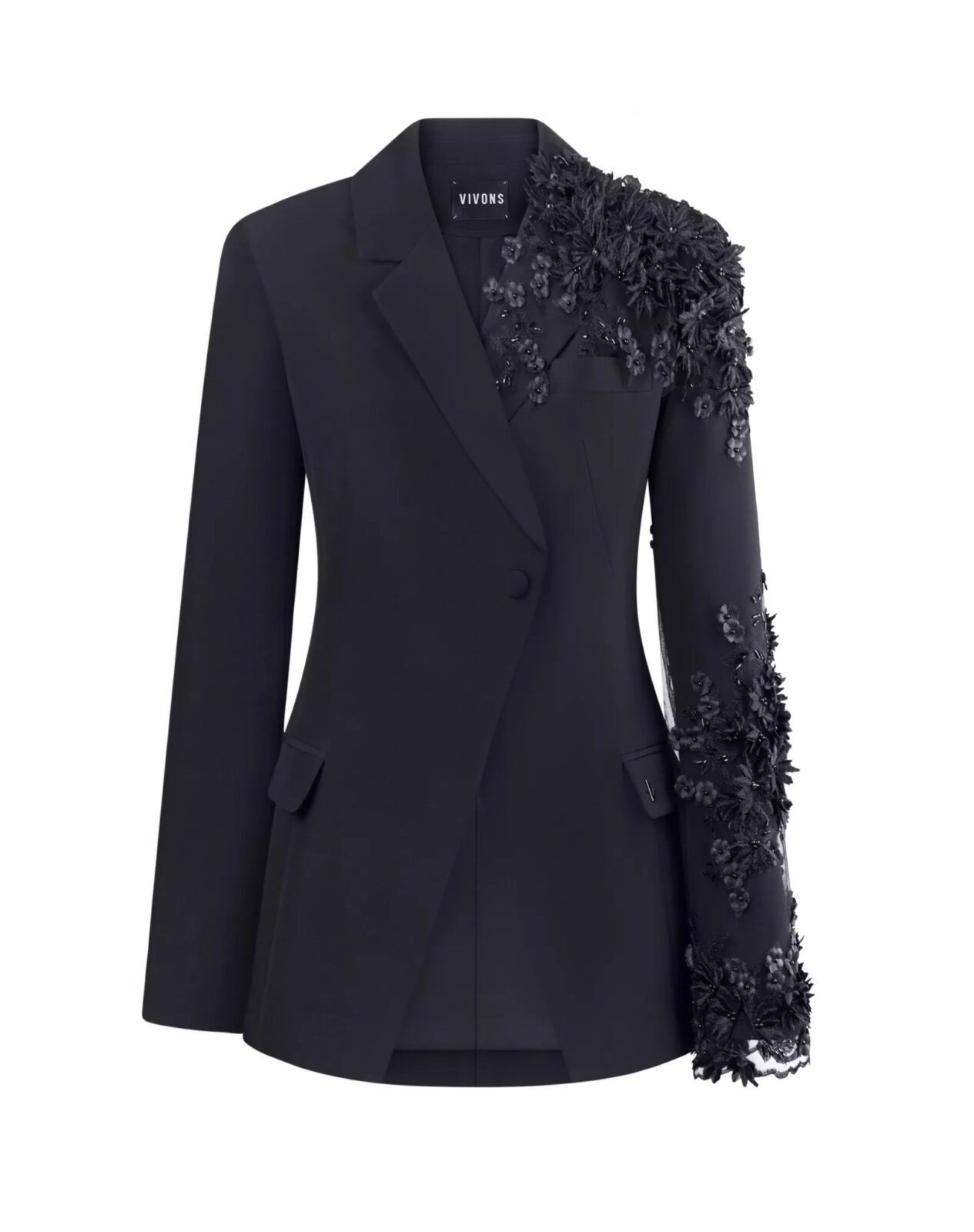 Asymmetric jacket with flowers black