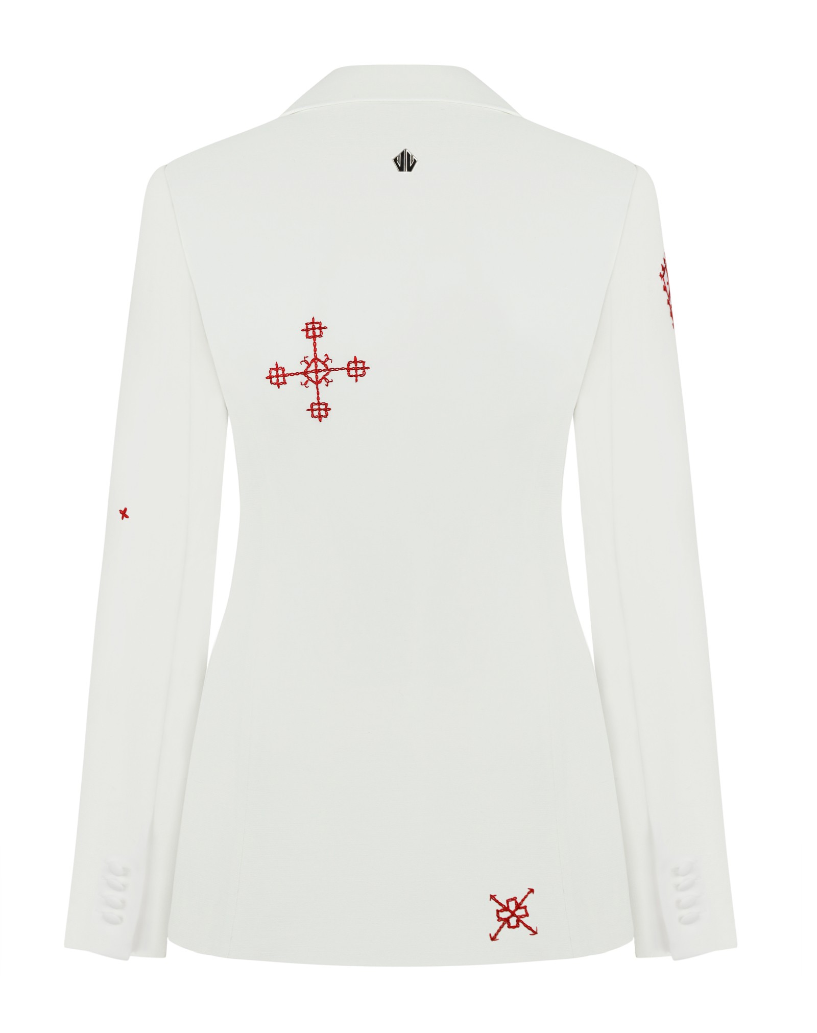 Asymmetrical milk-colored jacket with red embroidery