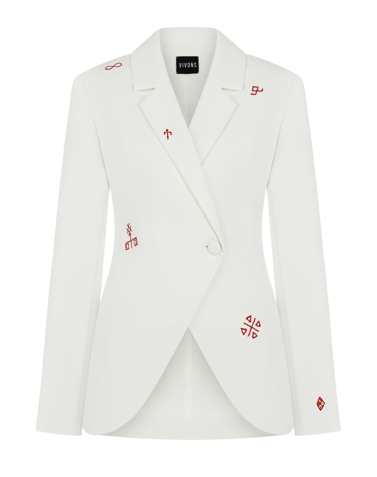 Asymmetrical milk-colored jacket with red embroidery