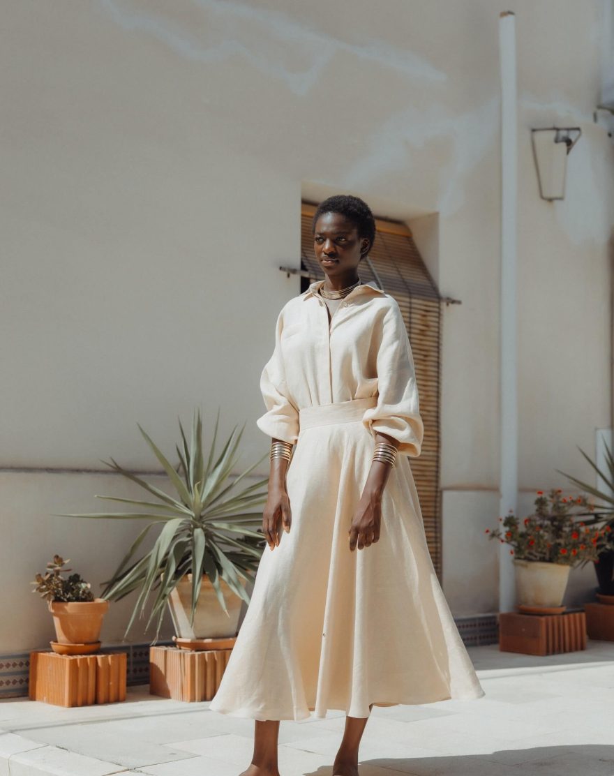 Beige linen midi skirt