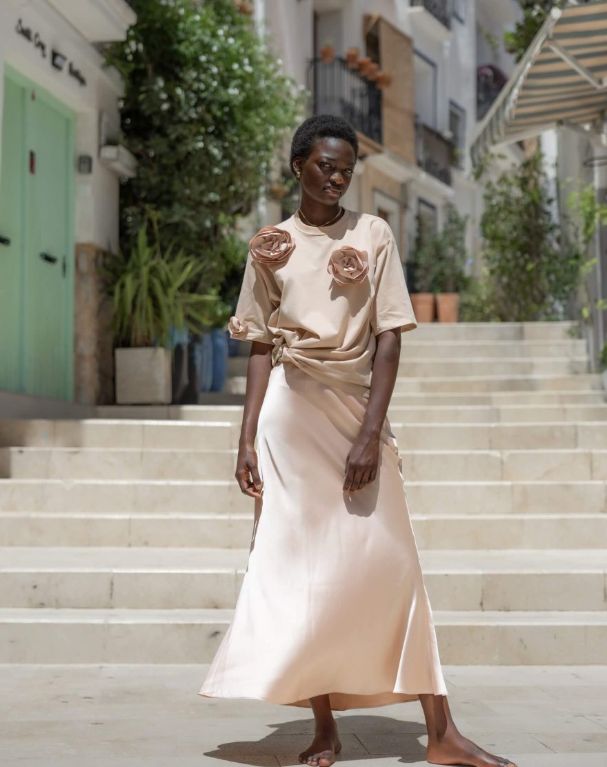 Beige satin midi skirt