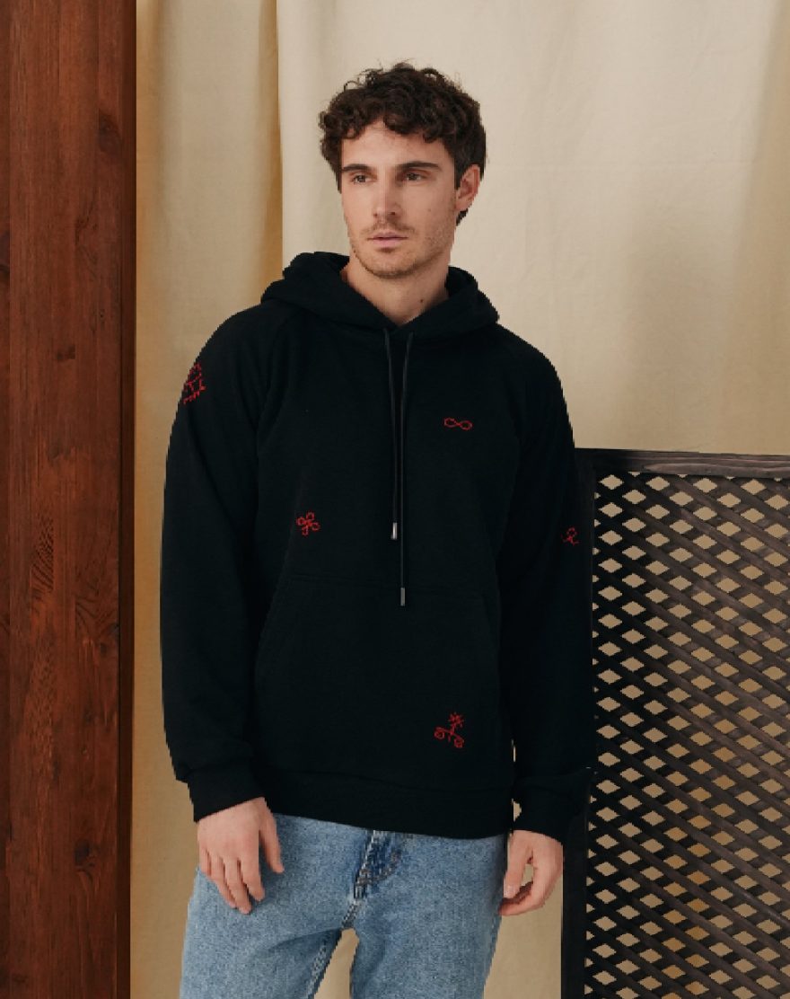 Hoodie for men with embroidery on an elastic band in black