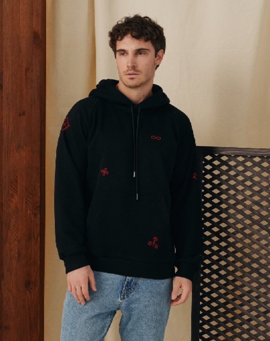 Hoodie for men with embroidery on an elastic band in black