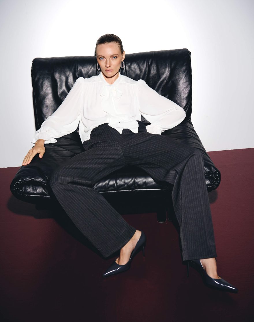 Classic trousers with arrows made of gray striped suit fabric