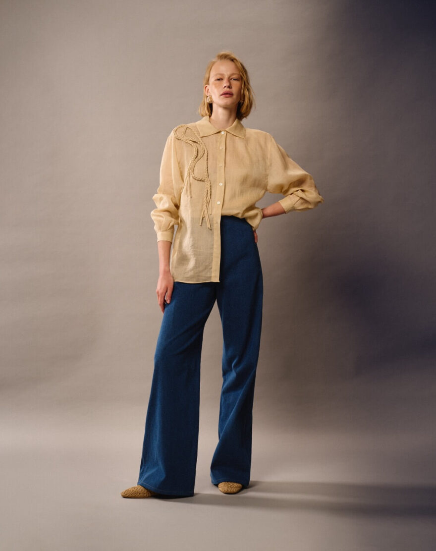 Semi-sheer linen blouse with braided detailing