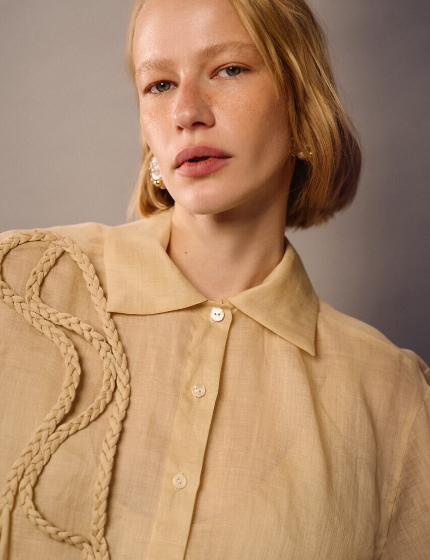 Semi-sheer linen blouse with braided detailing