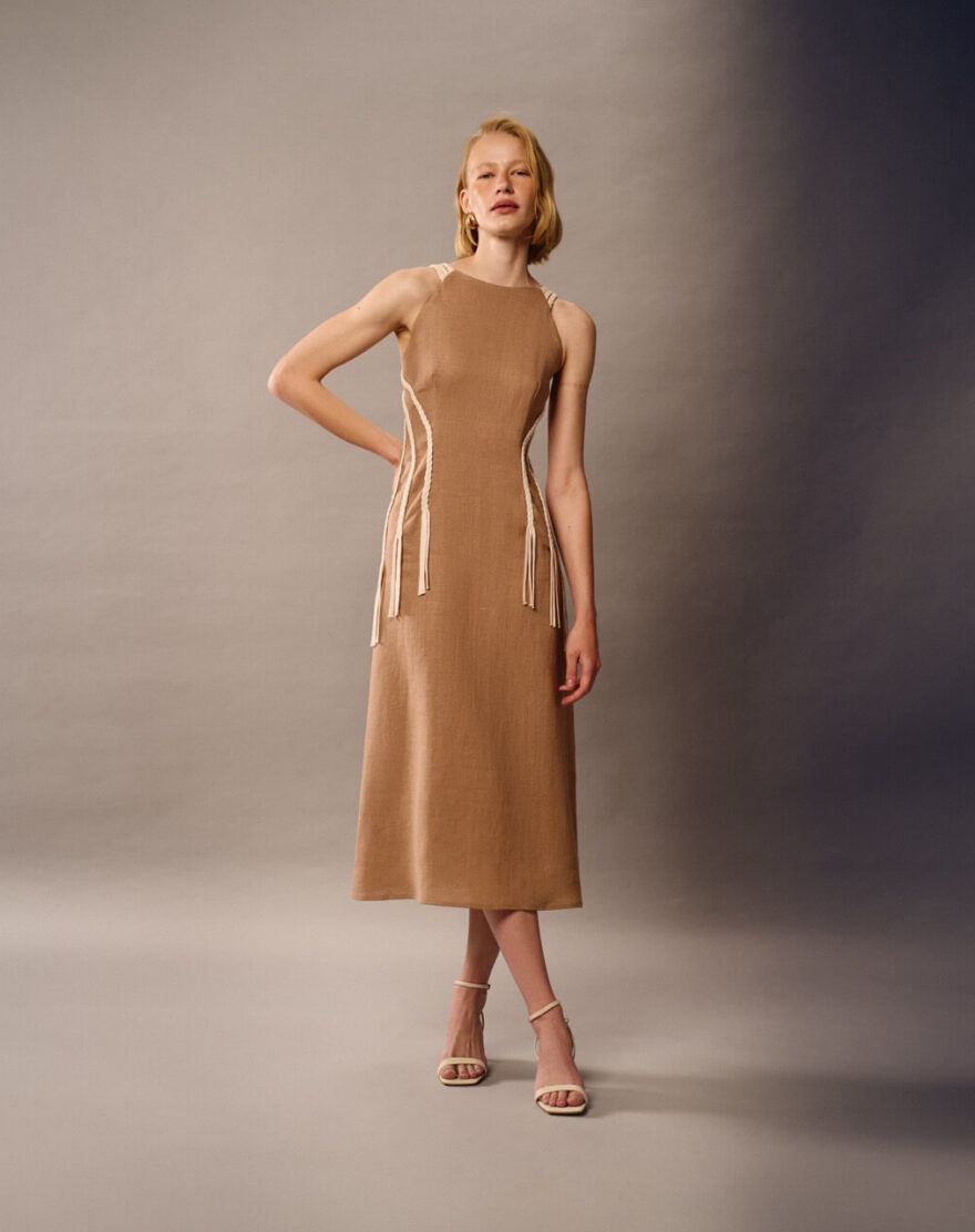 Linen midi dress with braids in cappuccino