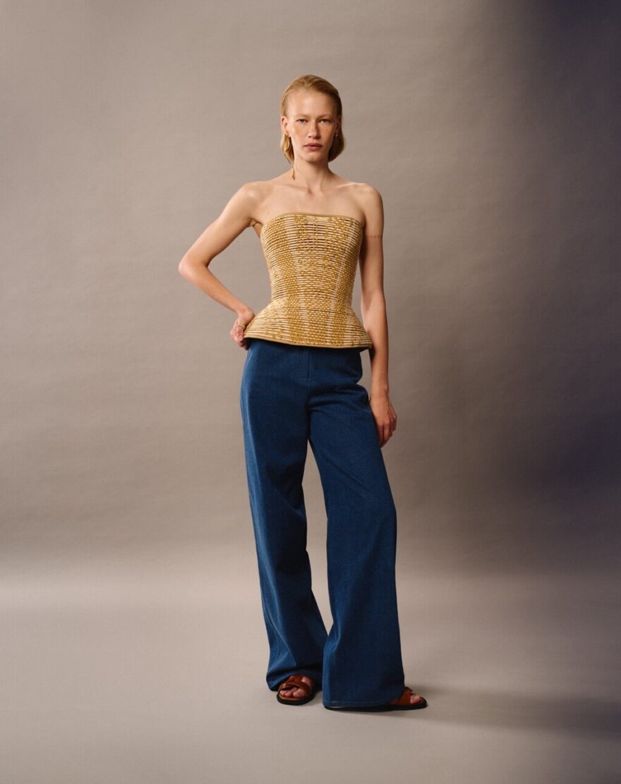 High-waisted denim trousers